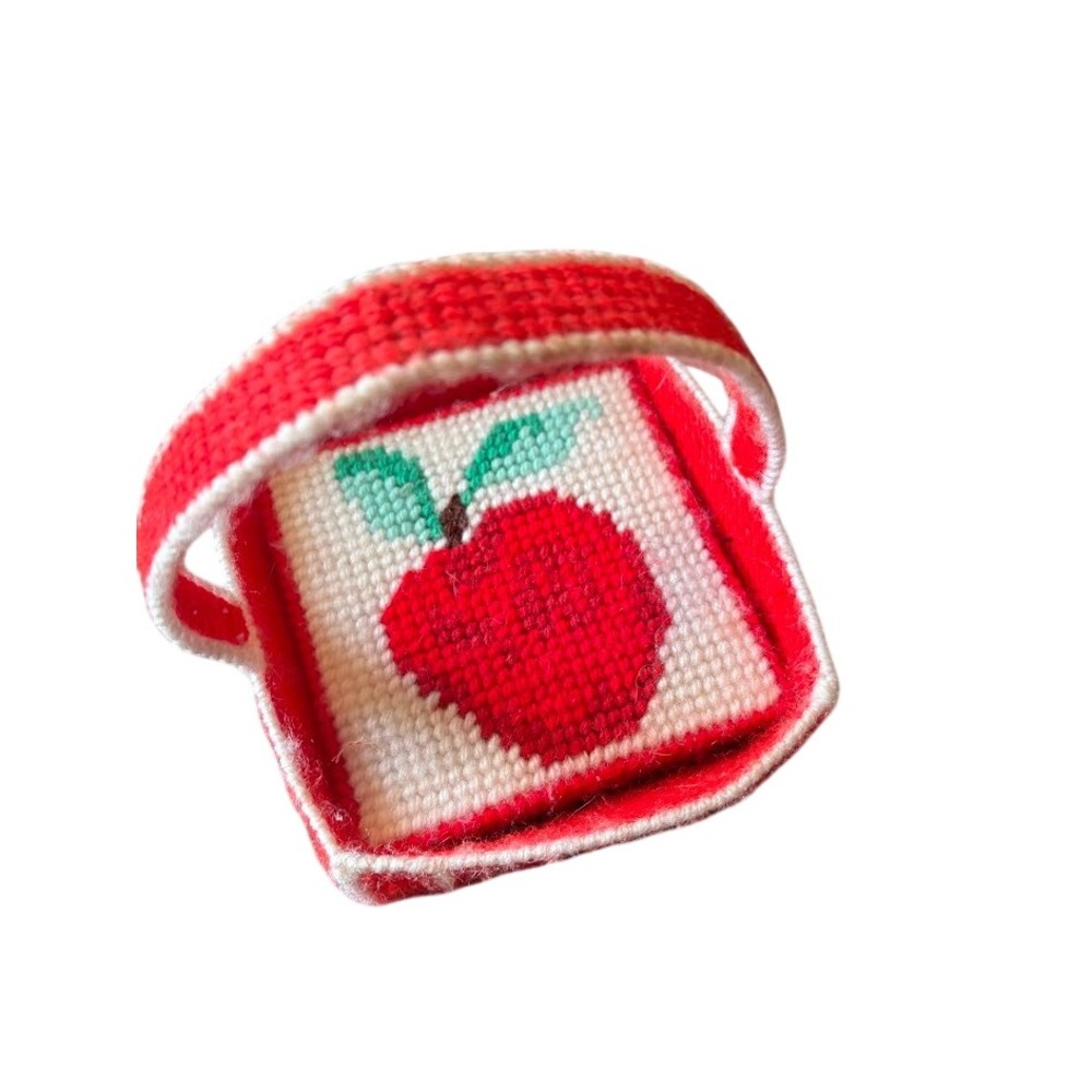 Vintage Handmade Needlepoint Apple Coasters Set of 4 with Basket Holder Red